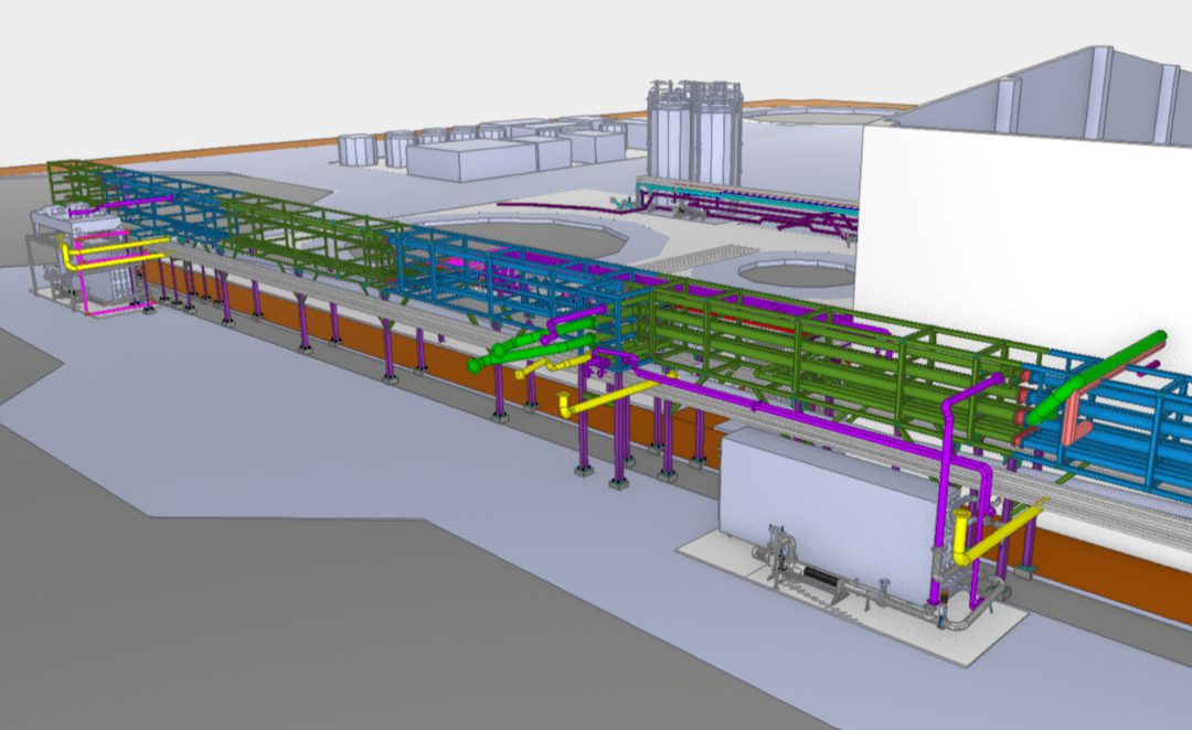Modelo 3D del rack de tuberías modular de la planta de biogás de Milagros (Burgos)